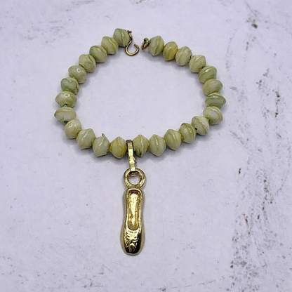 Green Glass Bead Gold Ballerina Slipper Charm Doll Necklace • 14” Fashion Doll Jewelry