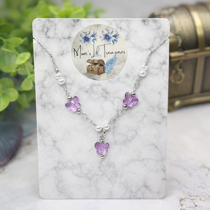 Purple Acrylic Crystal Butterfly & Pearl Silver Chain Doll Necklace for 14 Inch Fashion Dolls