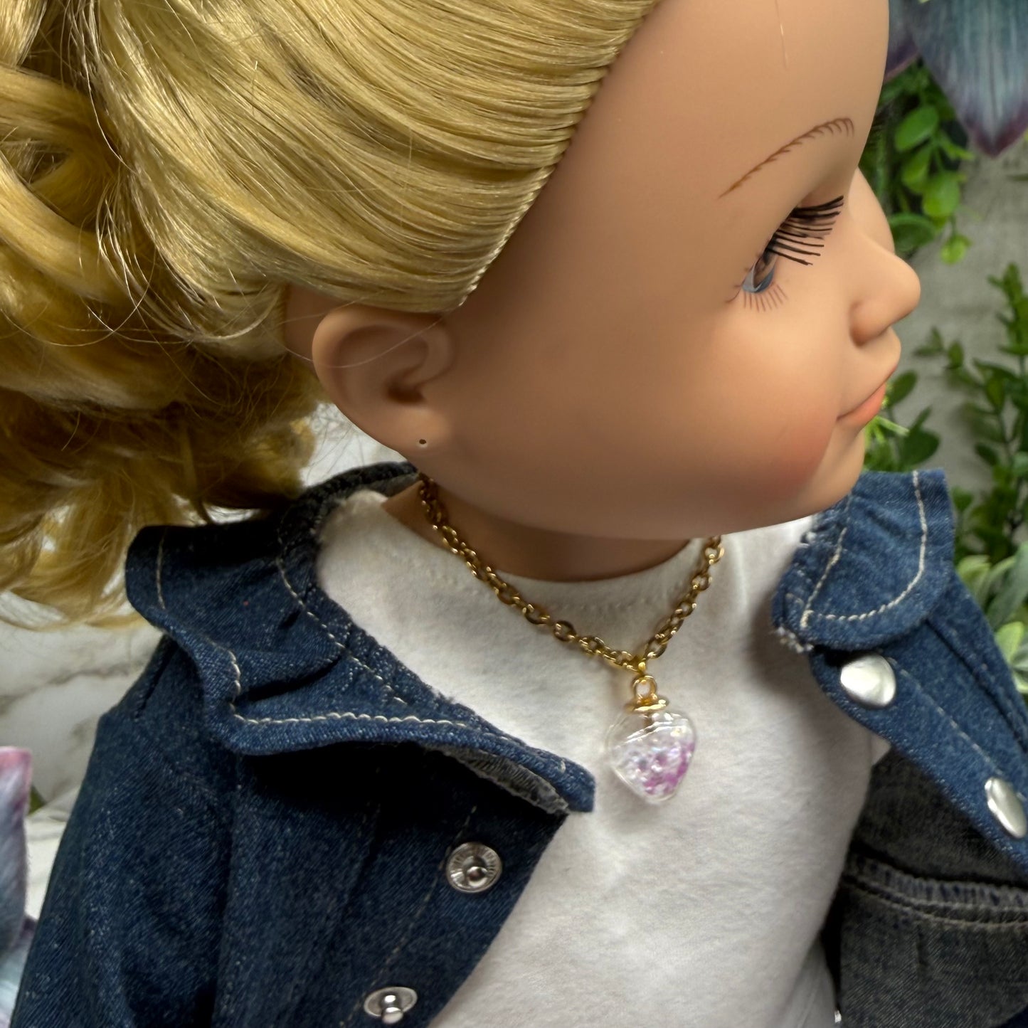 Glass Heart Shaped Pendant w/ Purple Clear Crystals (Glow in Dark) Gold Chain Doll Necklace • 18 Inch Fashion Doll Jewelry