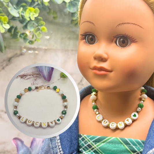 “Lucky” Green White Shamrock Beaded Doll Necklace • 18 Inch Fashion Doll Jewelry