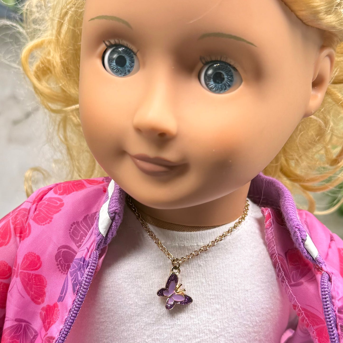 Purple Enamel Butterfly Charm Gold Doll Necklace • 18 Inch Fashion Doll Jewelry