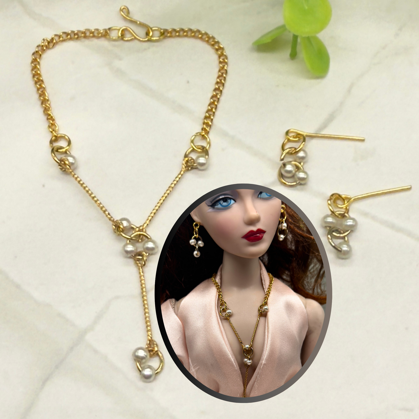 Pearl & Circle Y-Drop Gold Long Doll Necklace Earrings Set • 16” Doll Jewelry