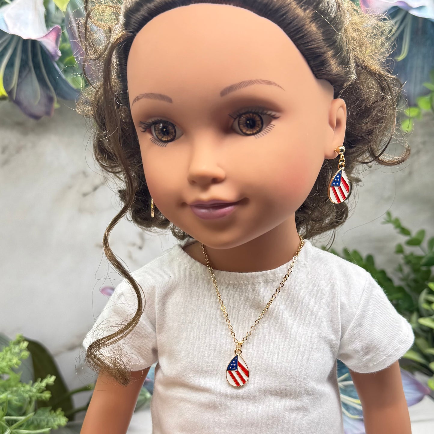 Red White Blue Teardrop Flag Patriotic Gold Doll Necklace & Earrings Set for 18 Inch Fashion Doll