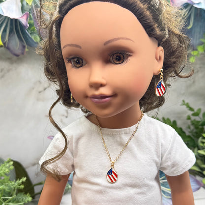 Red White Blue Teardrop Flag Patriotic Gold Doll Necklace & Earrings Set for 18 Inch Fashion Doll