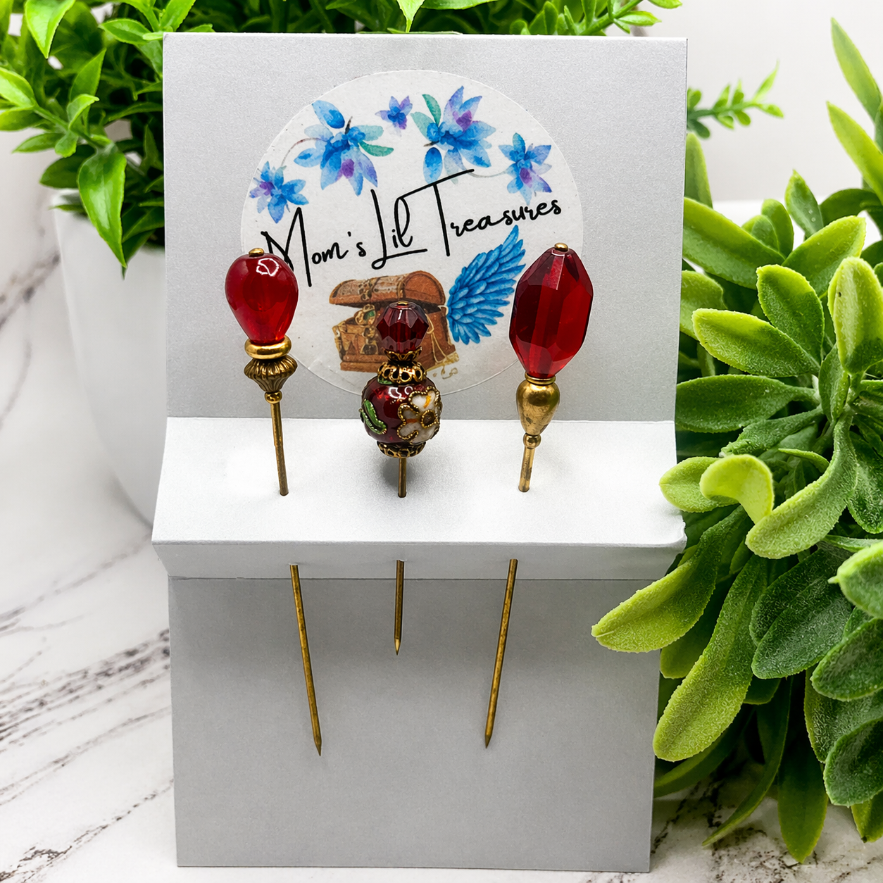 Red Glass Cloisonné Set of 3 • Stick Pins, Hatpins, Sewing pins, Gifts for Her