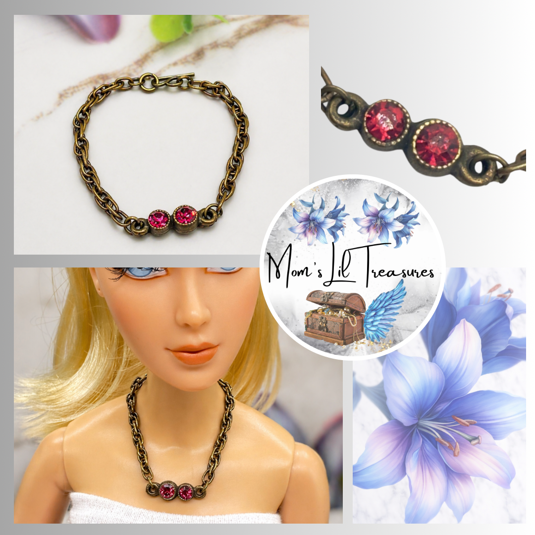 Dark Pink Red Rhinestone Bronze Copper Tone Chain Doll Necklace • 16 Inch Fashion Doll Jewelry