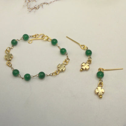 Green Beaded Gold Four- Leaf Clover Charms Doll Necklace & Earrings • 14 Inch Fashion Doll Jewelry