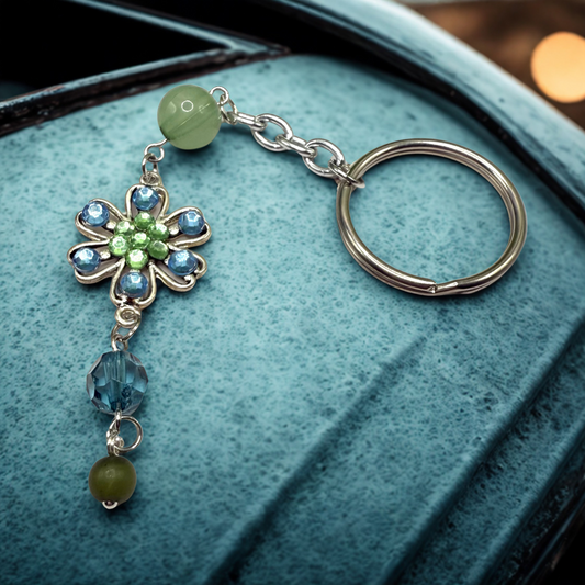 Silver Flower Light Blue Green Rhinestone Acrylic Beads • Key Chain / Car Charm