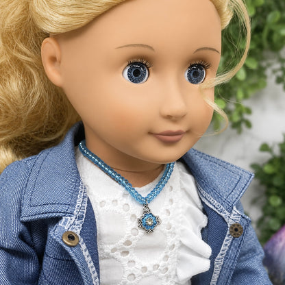 Iridescent Blue Beaded Doll Necklace W/ Pendant • 18” Fashion Doll Jewelry