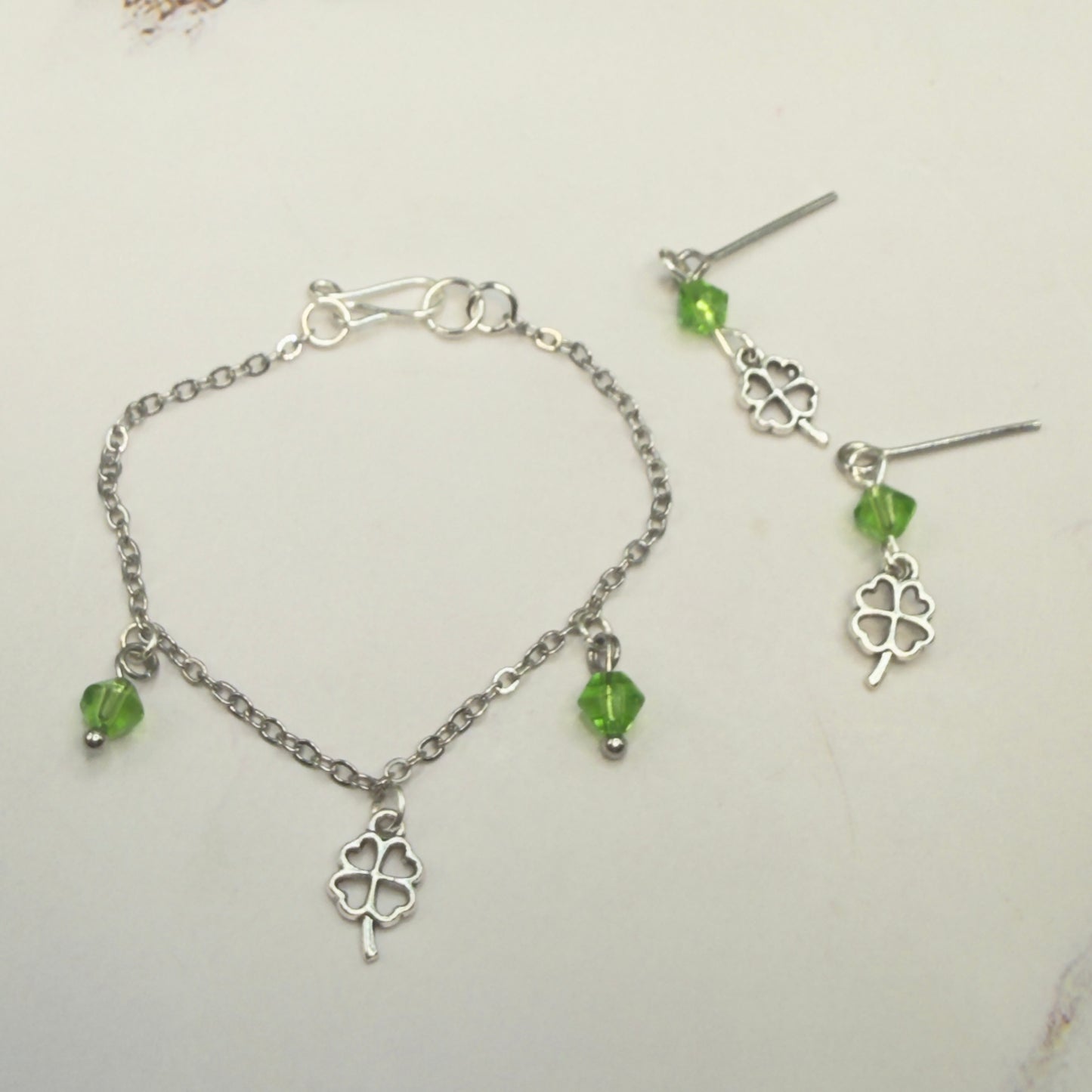 Silver Shamrock Charms Green Crystal Dangles Doll Necklace & Earrings • 14 Inch Fashion Doll Jewelry