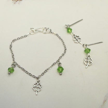 Silver Shamrock Charms Green Crystal Dangles Doll Necklace & Earrings • 14 Inch Fashion Doll Jewelry