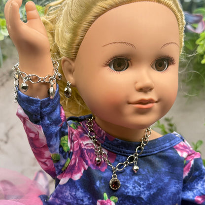 Purple Rhinestone Round Dangle Doll Necklace Bracelet & Earrings Set • 18 Inch Fashion Doll Jewelry
