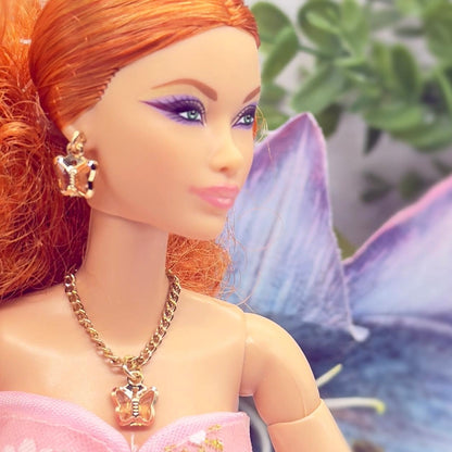 Peach Pink Crystal Butterfly Gold Chain Doll Necklace & Earrings • 10-12 Inch Fashion Doll Jewelry 1:6