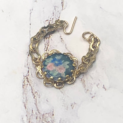 Blue Flower Rose Design Gold Filigree & Chain Doll Bracelet • 18” Doll Jewelry