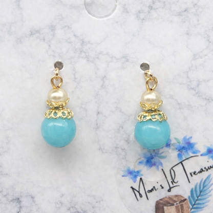 Turquoise Blue Glass Pearl Gold Tone Doll Earrings • 18” Fashion Doll Jewelry
