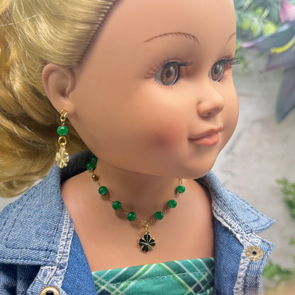 Green Beaded Chain Gold Clover Charm Doll Necklace & Earrings • 18 Inch Fashion Doll Jewelry