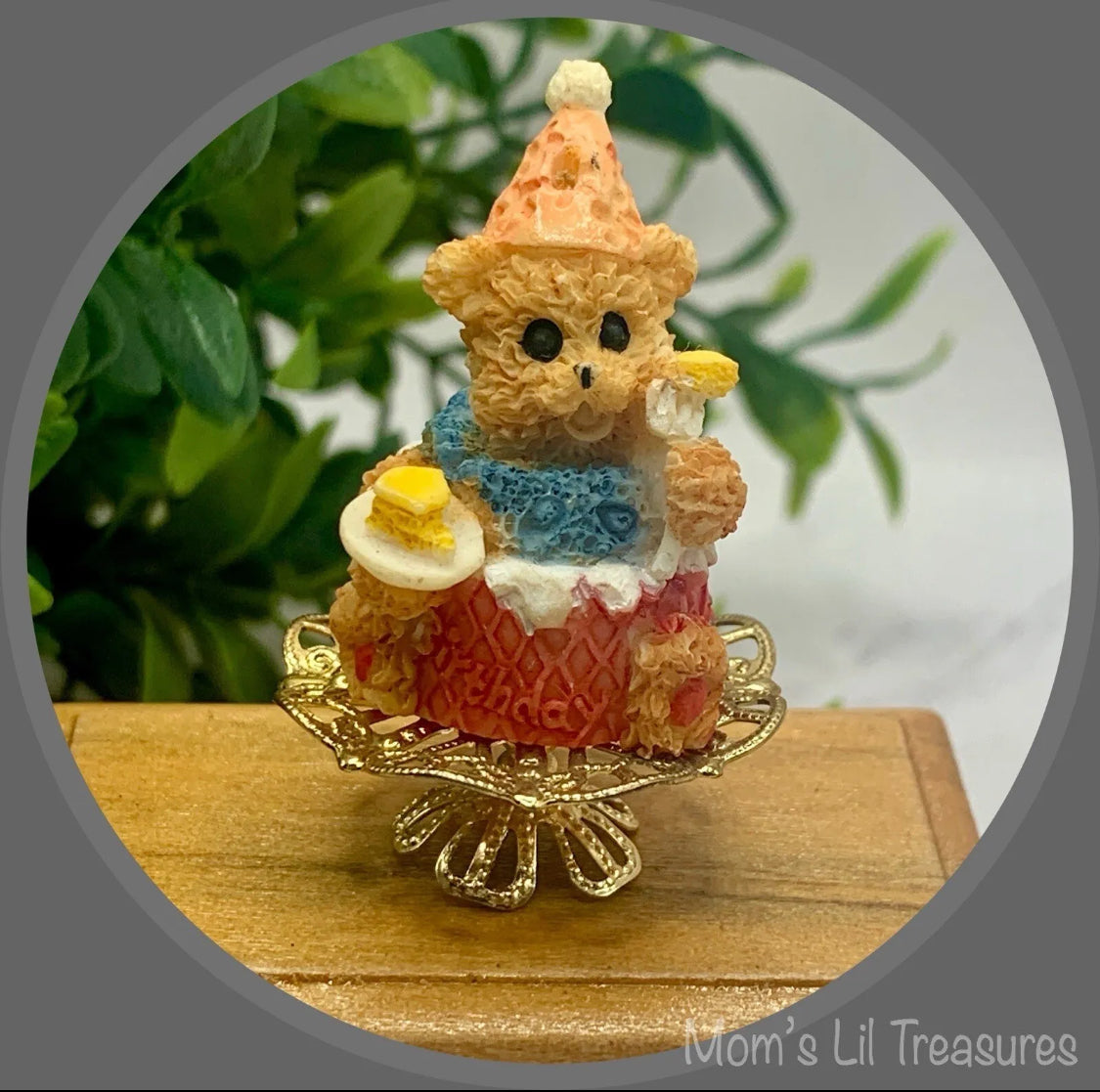 Dollhouse Miniatures • Teddy Bear Birthday Cake On Pedestal Platter
