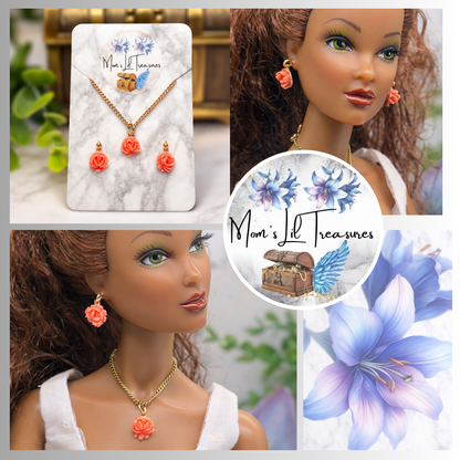 Coral Acrylic Rose Flower Charm Gold Chain Doll Necklace & Earrings • 16 Inch Fashion Doll Jewelry