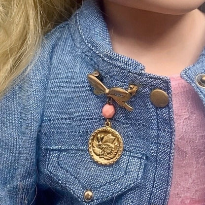 Gold Tone Bow Pin Pink Bead Gold Butterfly Flower Design Dangle • Doll Brooch
