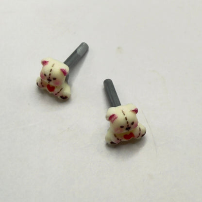 Teddy Bear w/ Red Heart & Stitch Pattern Post Doll Earrings • 2mm Post for 18 Inch Fashion Doll