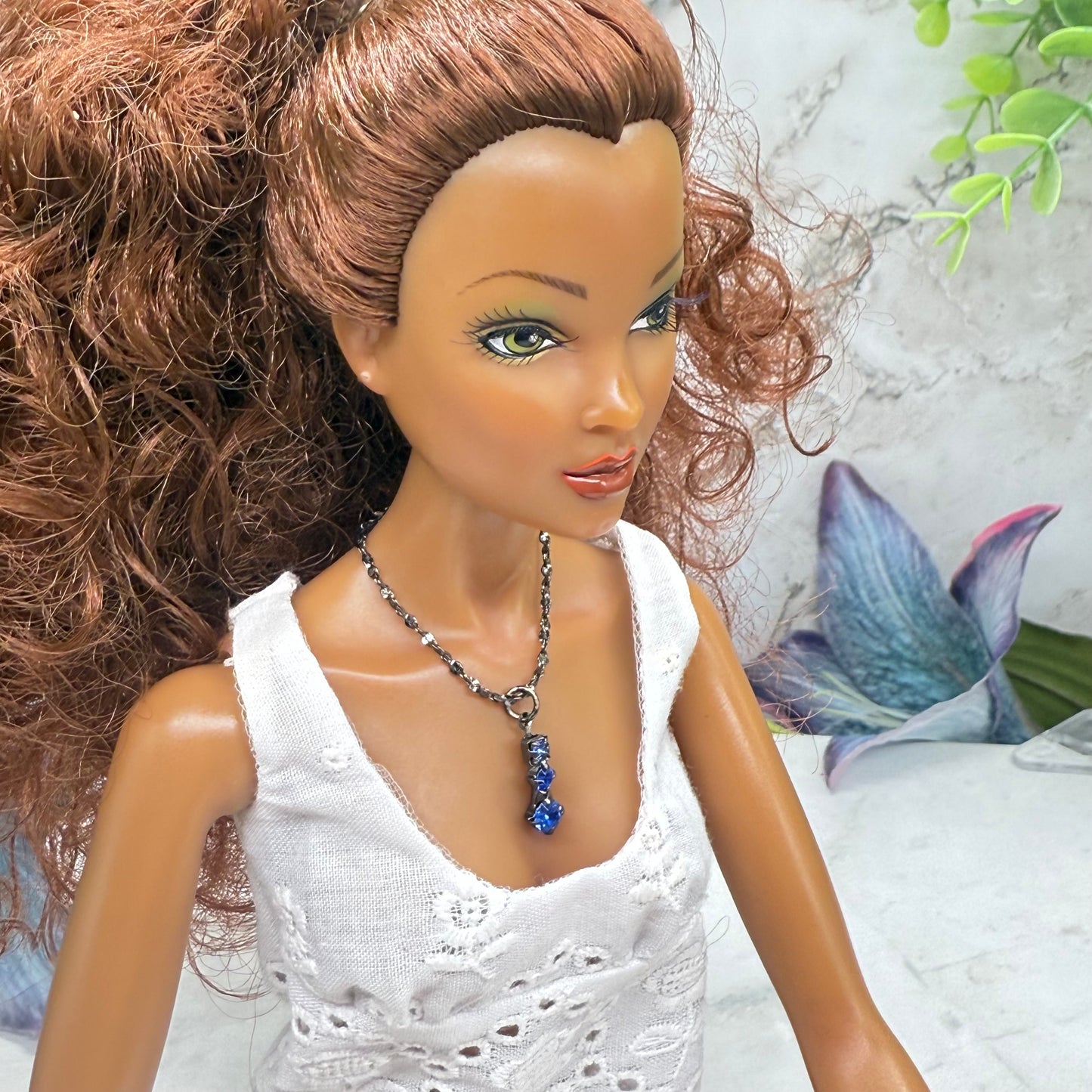 Blue Rhinestone Pendant Black Chain Doll Necklace • 16 Inch Fashion Doll Jewelry