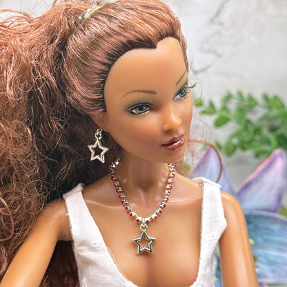 Red Rhinestone Silver Star Charm Doll Necklace & Earrings Set for 16 Inch Fashion Doll