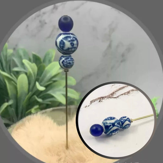 Blue White Glass Beaded 5” Pin • Hatpin - Stick Pin