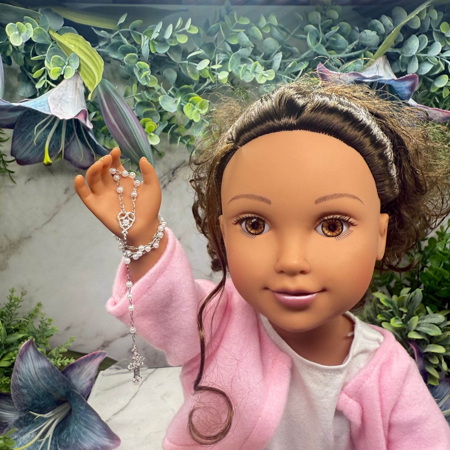 Pearl Beaded Silver Cross • Doll Size Catholic Rosary for 18-22” Fashion or Vintage Dolls