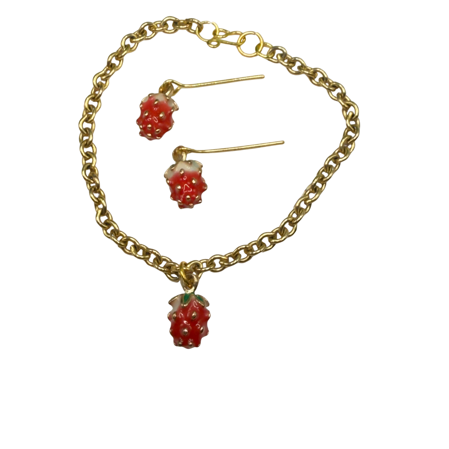 Strawberry Enamel Gold Charm Necklace & Earrings Set • 18 Inch Fashion Doll Jewelry