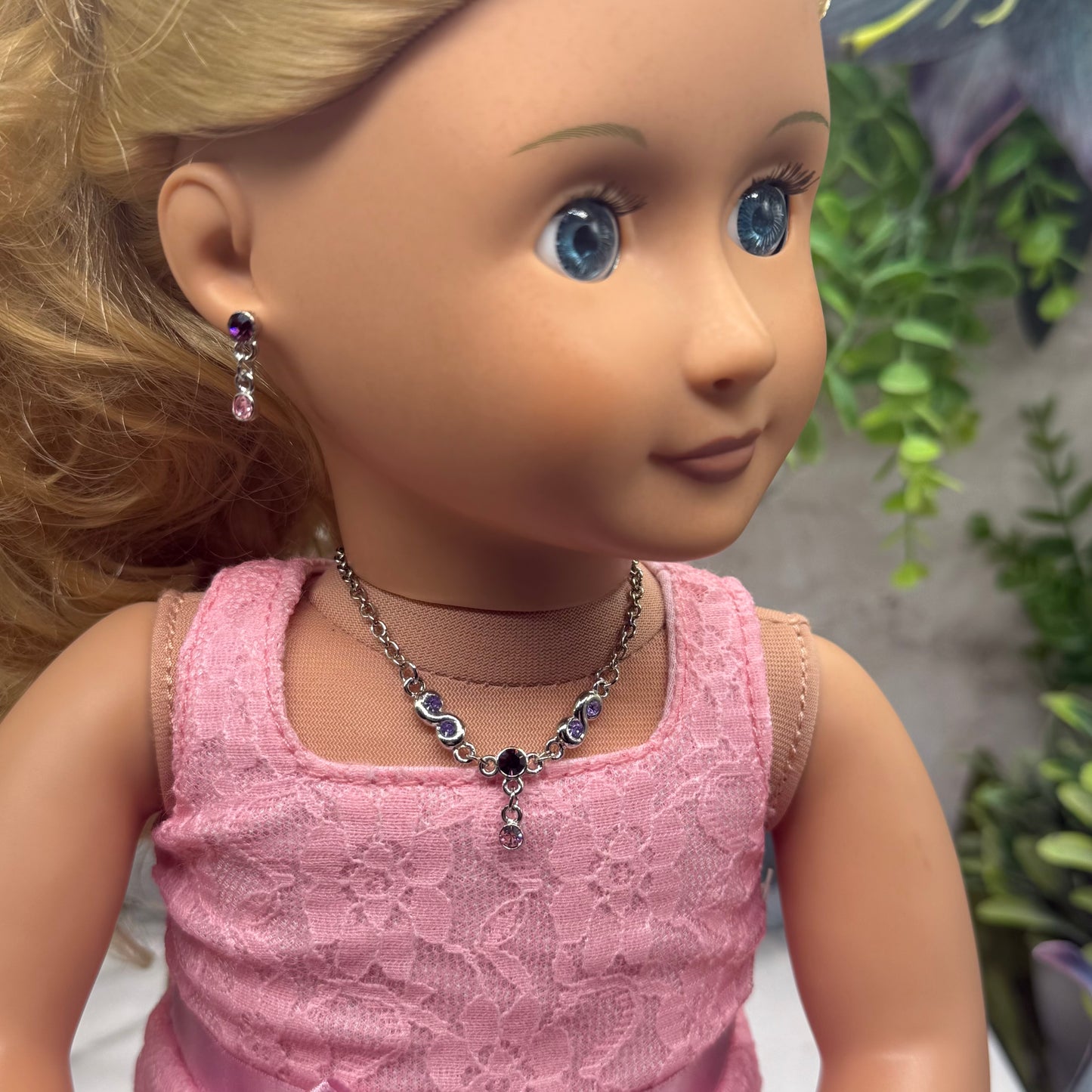 Pink Purple Rhinestone Silver Doll Necklace & Earrings Set • 18 Inch Fashion Doll Jewelry