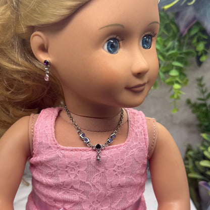 Pink Purple Rhinestone Silver Doll Necklace & Earrings Set • 18 Inch Fashion Doll Jewelry