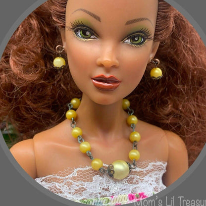 Light Yellow Pearl Necklace Earrings Set • 16” Fashion Doll Jewelry
