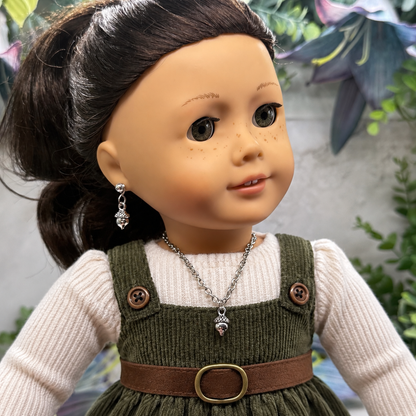 Acorn Harvest Autumn Charm Silver Doll Necklace and 2mm Post Earrings Set | for 18 Inch Fashion Doll • American Girl