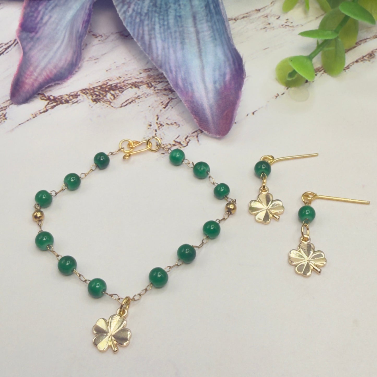 Green Beaded Chain Gold Clover Charm Doll Necklace & Earrings • 18 Inch Fashion Doll Jewelry