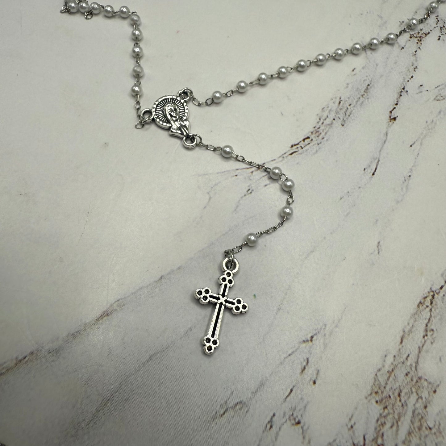 White Pearl Beaded Silver Chain & Cross • Doll Size Catholic Rosary for 18-22” Fashion or Vintage Dolls