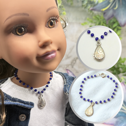 Blue Glass Crystal Beaded Chain Silver Teardrop Heart Flower Design Pendant Doll Necklace • 18 Inch Fashion Doll Jewelry