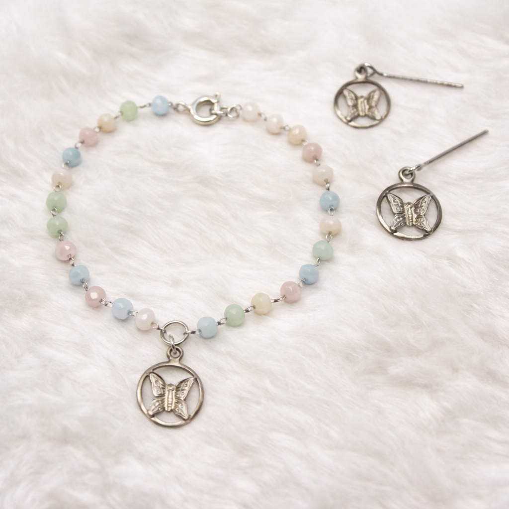Pastel Blue Pink Green Glass Bead Silver Butterfly Charm Doll Necklace & Earrings Set • 18 Inch Fashion Doll Jewelry