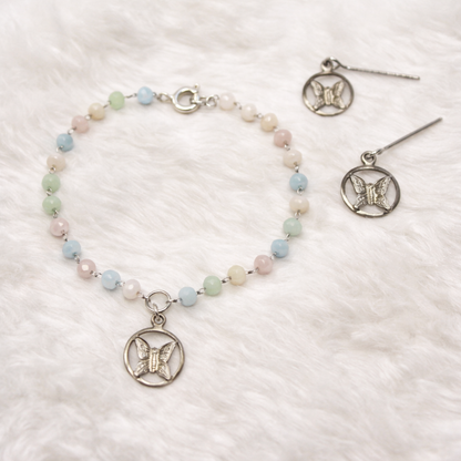 Pastel Blue Pink Green Glass Bead Silver Butterfly Charm Doll Necklace & Earrings Set • 18 Inch Fashion Doll Jewelry