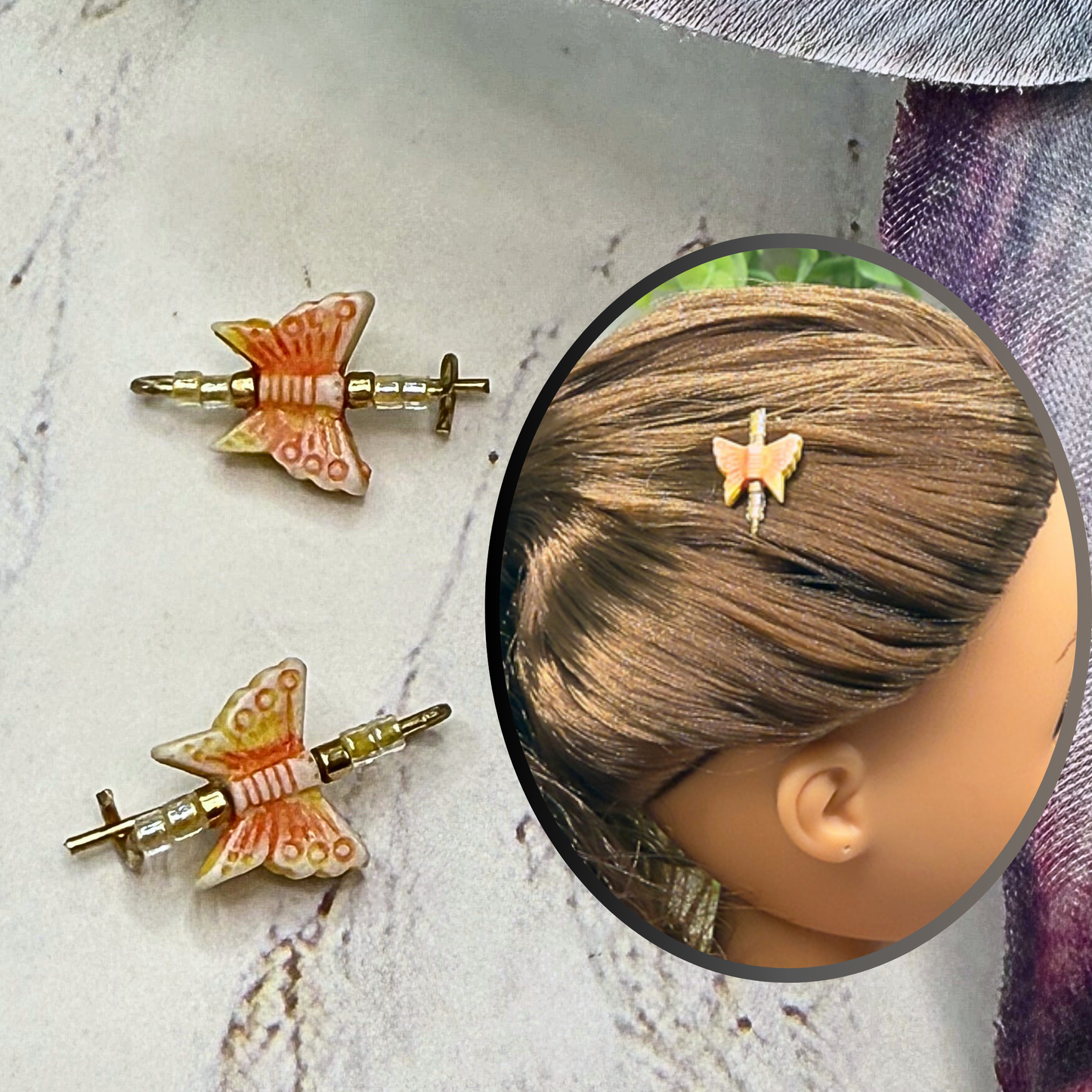 Orange Coral Beige Butterfly Doll Hair Barrettes 14-18” Fashion Dolls • Doll Hair Accessories