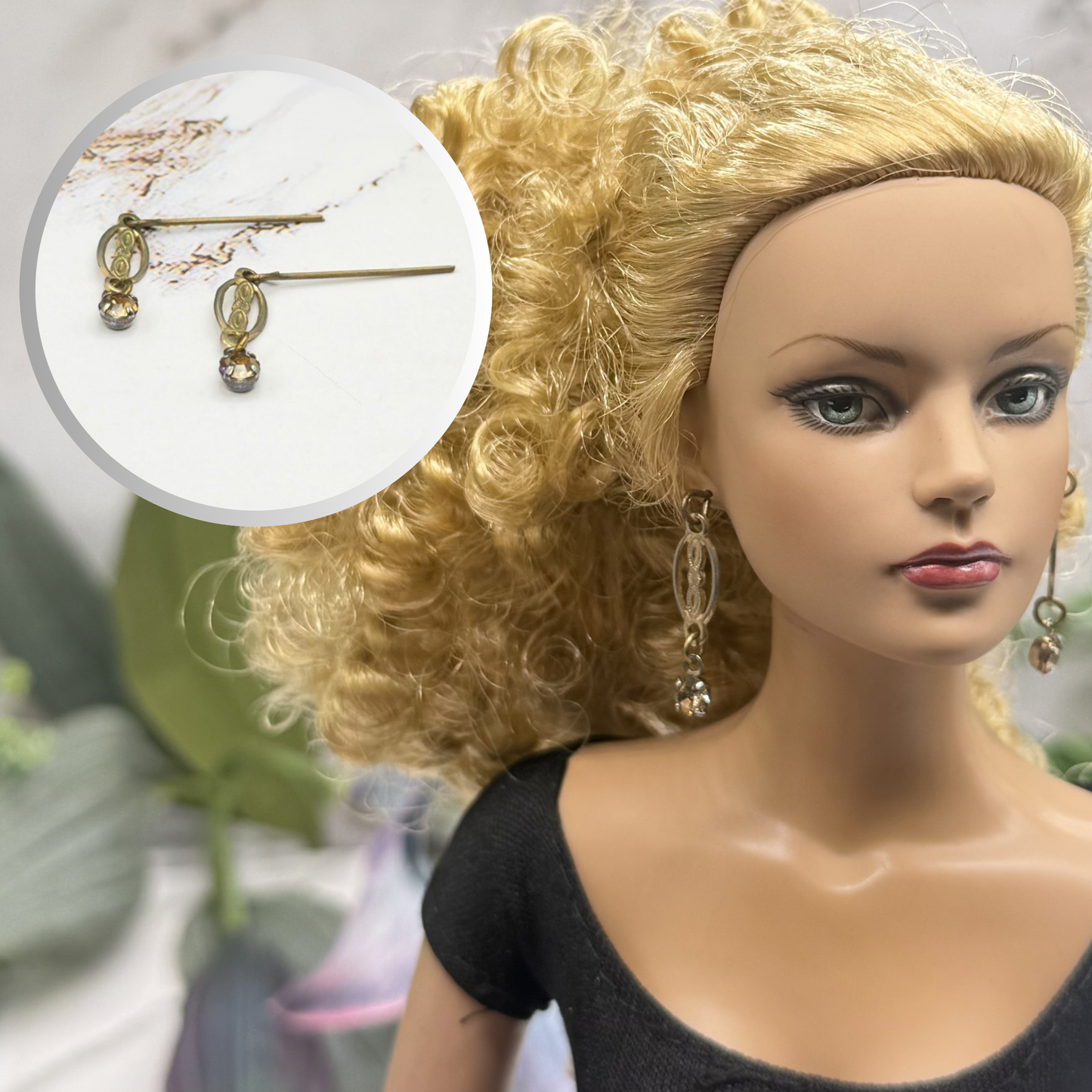 Oval Filigree Brass Tone & Rhinestone Doll Earrings • 16 Inch Fashion Doll Jewelry