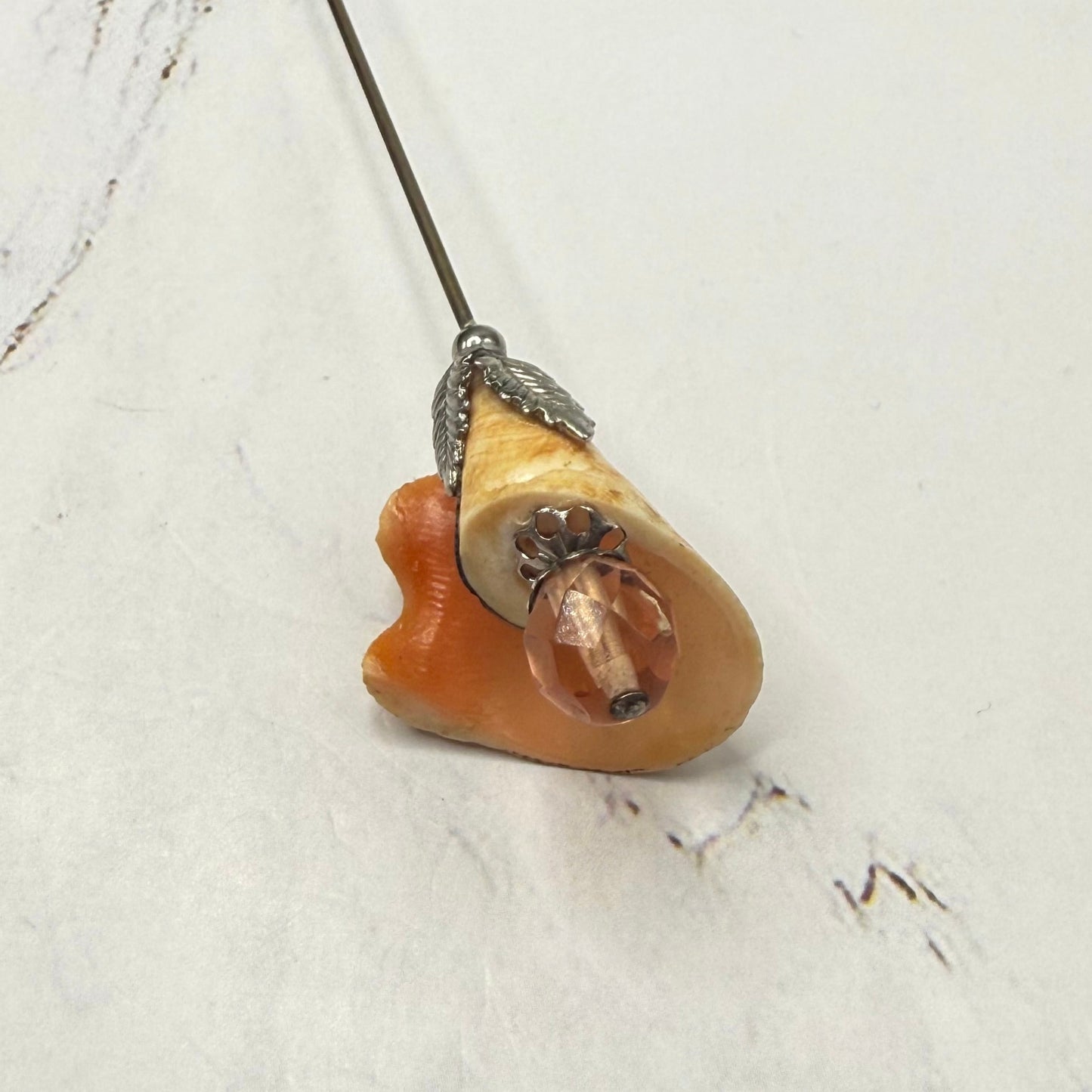 Coral Orange Cream Color Shell Hatpin Peach Crystal Accent Hatpin - 6 Inch