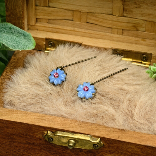 Light Blue Flower Pink Rhinestone Dangle Doll Earrings • 18 Inch Doll Jewelry