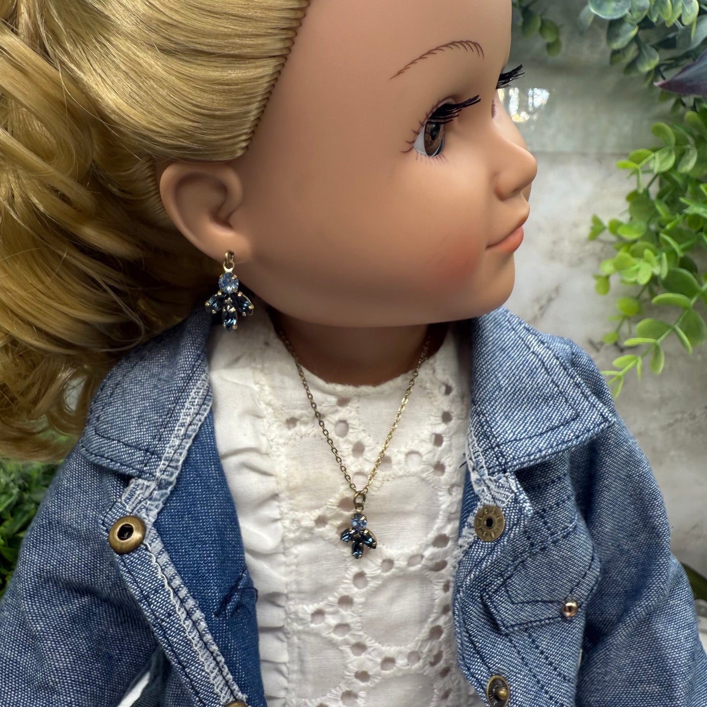 Blue Rhinestone Gold Tone Dangle Doll Earrings and Necklace Set • 18 Inch Fashion Doll Jewelry