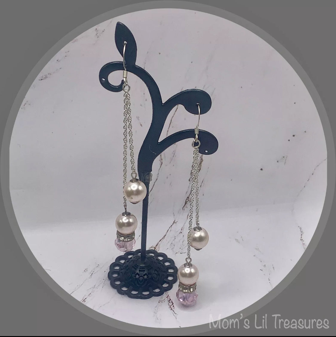 Pink Crystal Faux Pearl Rhinestone Silver Tone Chain Dangle Earrings - Handmade