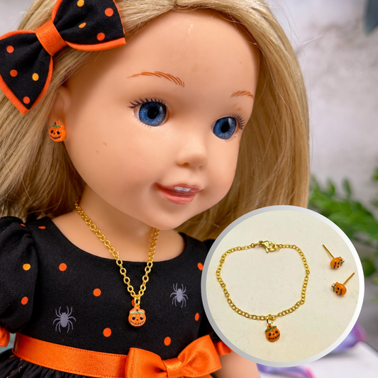 Jack-O-Lantern Pumpkin Doll Earrings and Necklace Set | for 14 Inch Fashion Doll • Wellie Wishers