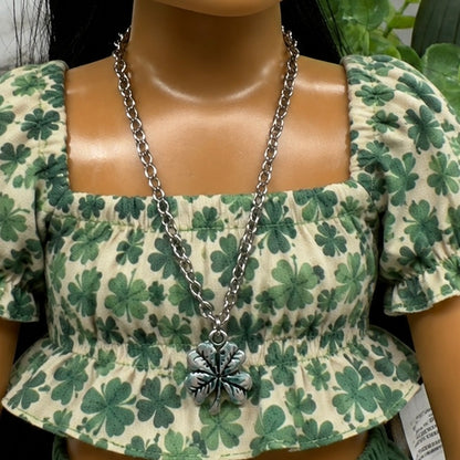 Four Leaf Clover Luck Green Enamel Silver Pendant Doll Necklace • 18 Inch Fashion Doll Jewelry
