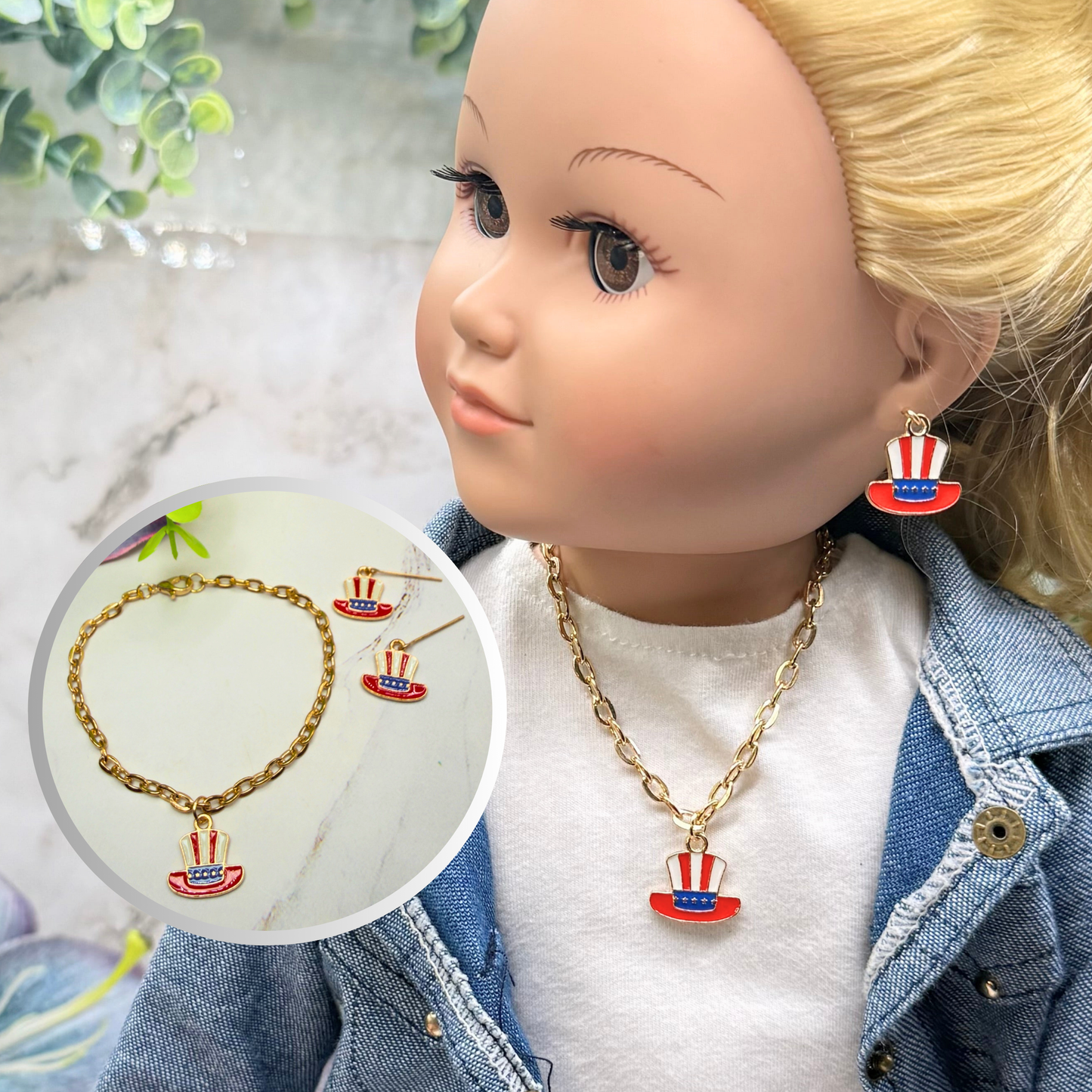 Red White Blue Patriotic Top Hat Charm Doll Necklace & Earrings for 18 Inch Fashion Doll