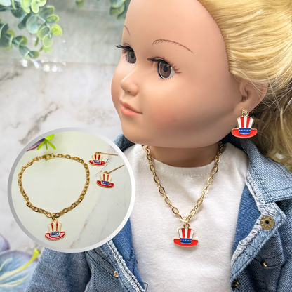 Red White Blue Patriotic Top Hat Charm Doll Necklace & Earrings for 18 Inch Fashion Doll