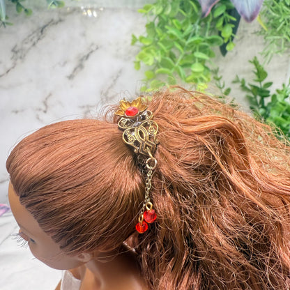 Red Rhinestone Crystal Dangles Bronze Brass Tone Metal Filigree Flower Design Doll Hair Stick • 14-18” Fashion Dolls • Doll Hair Accessories da
