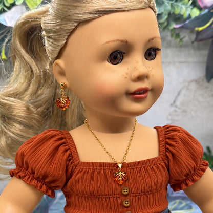 Autumn Fall Leaf Dangle 2mm Post Doll Earrings & Necklace | fits 18 Inch Dolls • American Girl